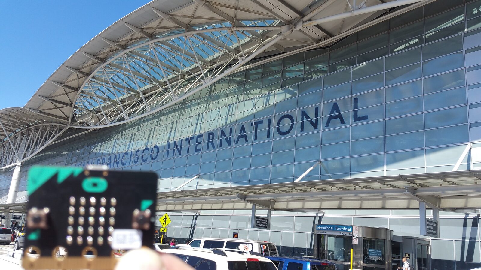 BBC Micro:bit and me at San Francisco airport 